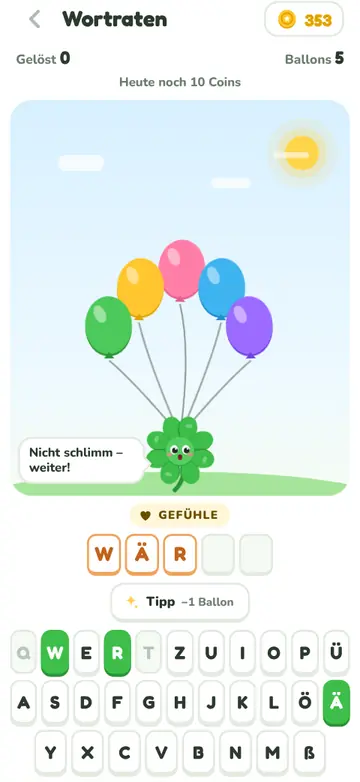 Spiel Wortraten: Lucky hält bunte Ballons, darunter Buchstabenfelder und eine Tastatur