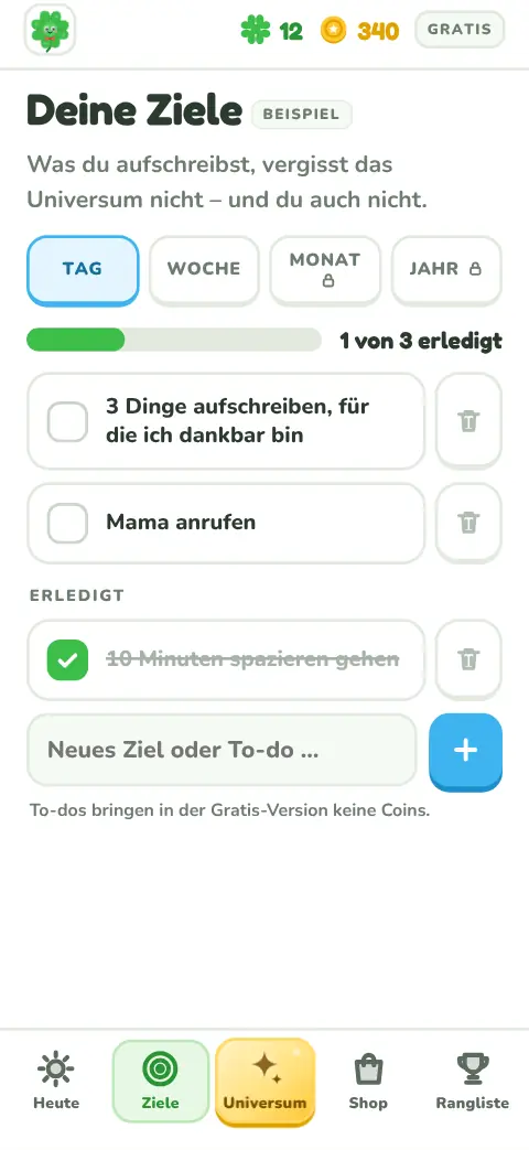 Bildschirm „Deine Ziele“
