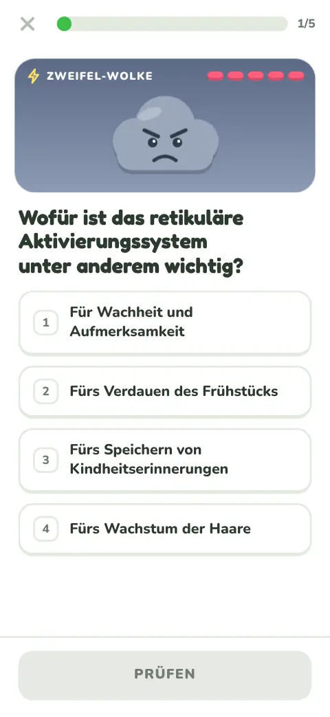 Kapitel-Finale: Quizfrage gegen die grummelige Zweifel-Wolke mit Lebensbalken