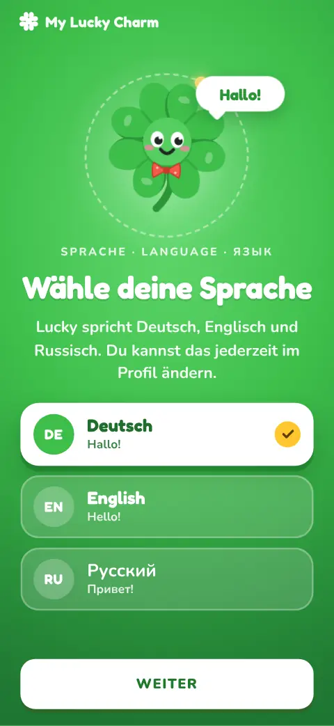 Sprachauswahl: Lucky sagt „Hallo! · Hello! · Привет!“, darunter drei Karten Deutsch, English und Русский